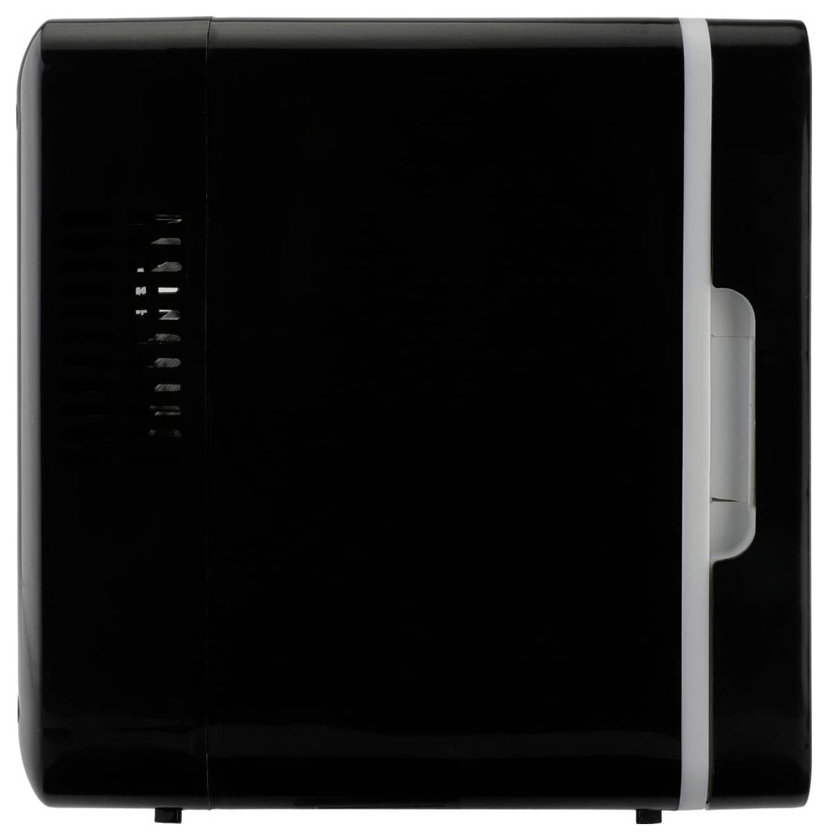 Un mini réfrigérateur compact noir et blanc au design épuré, vu de côté, montrant le panneau de ventilation.
