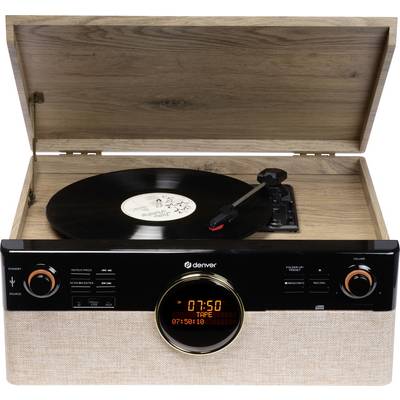 Un plateau tournant en bois classique avec un disque vinyle en lecture, présentant un écran numérique moderne et des boutons de contrôle sur le panneau avant.