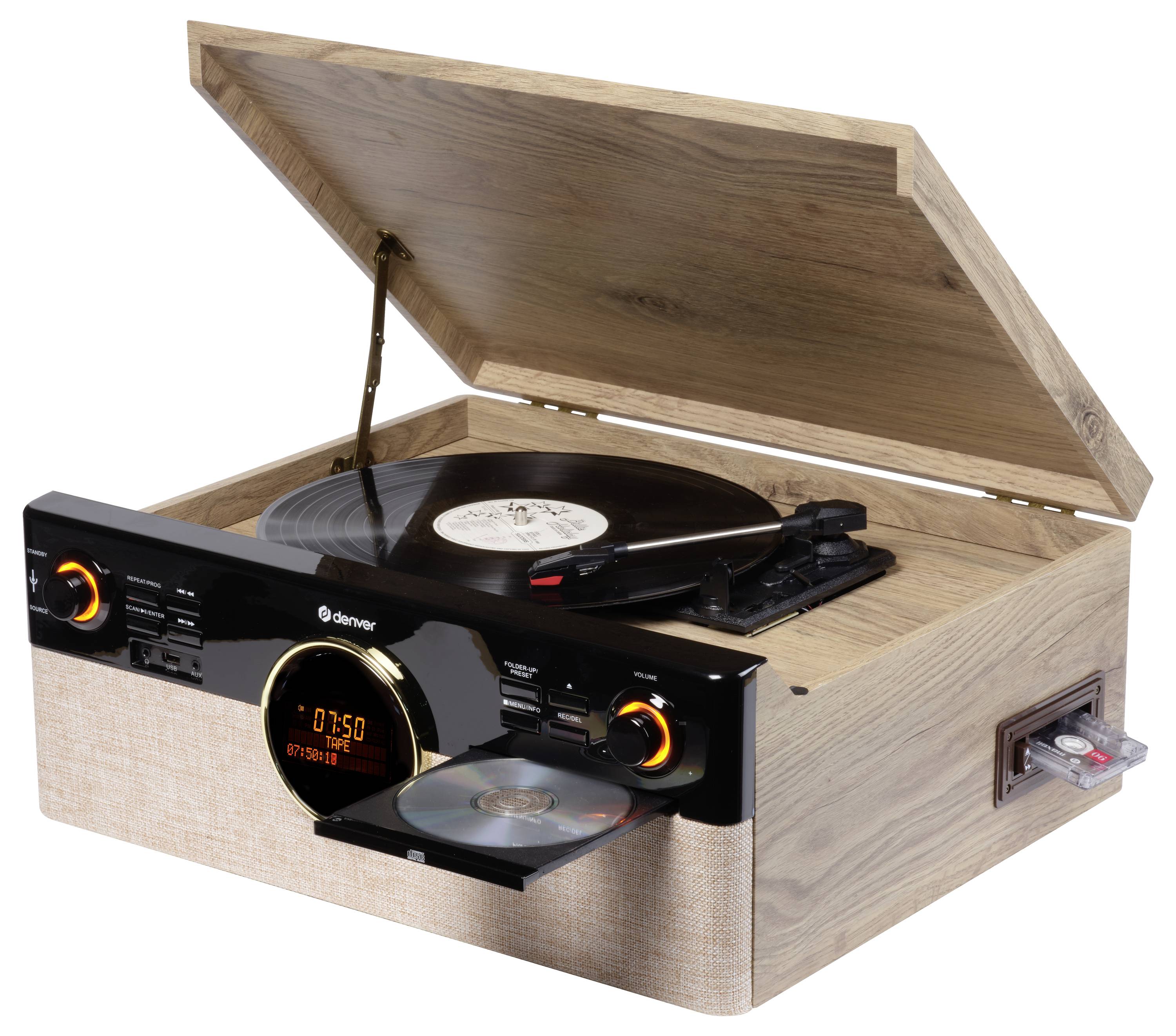 Denver MRD-180 Chaîne stéréo rétro DAB+, Bluetooth, CD, Cassette, Lecteur de disque, noir, bois-1