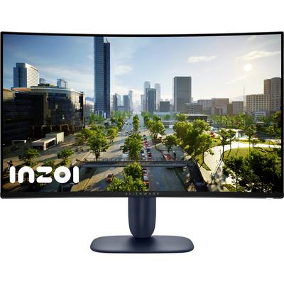 Un moniteur de jeu incurvé affiche un paysage urbain avec des gratte-ciel, des routes et des arbres sous un ciel dégagé, créant un effet visuel immersif.