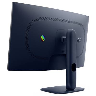 L'image montre la vue arrière d'un élégant moniteur d'ordinateur moderne avec un pied. Le moniteur est noir avec un logo ressemblant à une feuille.