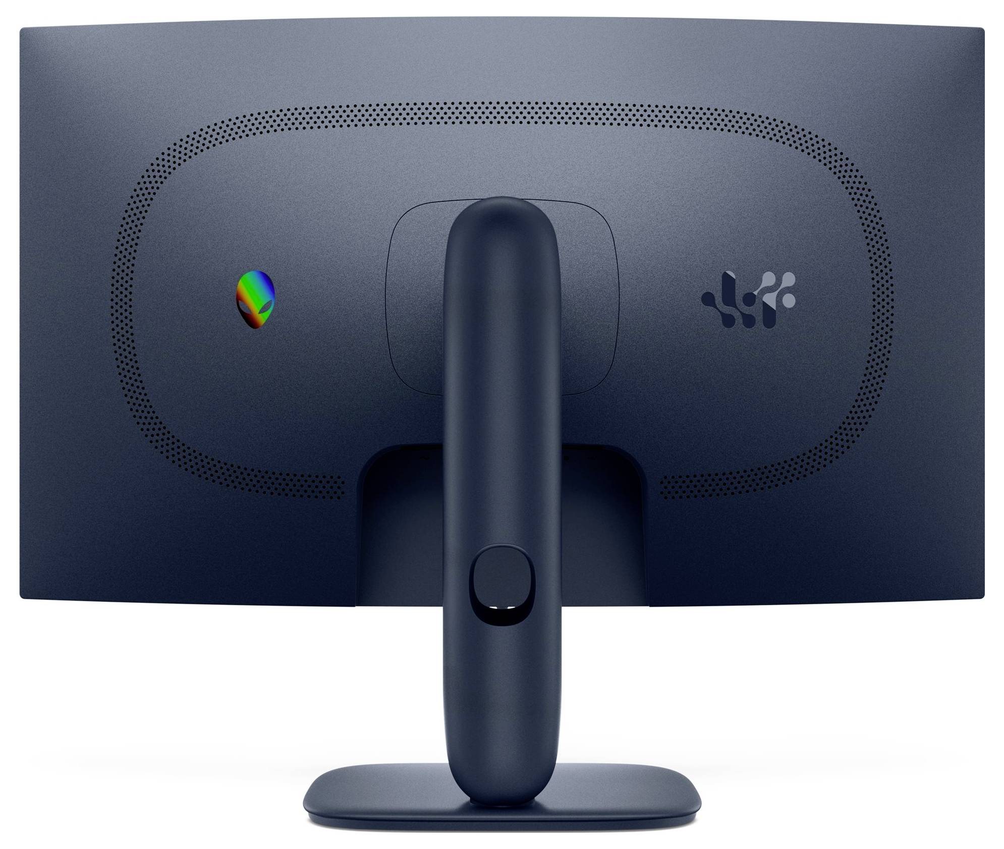 Vue latérale d'un élégant moniteur d'ordinateur fin avec un socle blanc minimaliste. L'écran est légèrement incurvé, soulignant son design moderne.