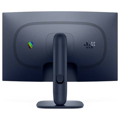 Vue latérale d'un élégant moniteur d'ordinateur fin avec un socle blanc minimaliste. L'écran est légèrement incurvé, soulignant son design moderne.