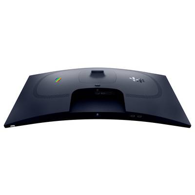 Une vue de dessus d'un élégant moniteur informatique aux courbes fluides affichant des logos, des ports et des boutons, mettant l'accent sur les caractéristiques de conception et de connectivité.