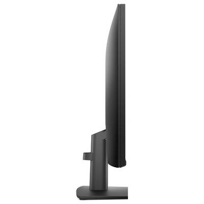 Un écran d'ordinateur noir et fin vu de profil sur un support, montrant son profil mince et son design minimaliste.