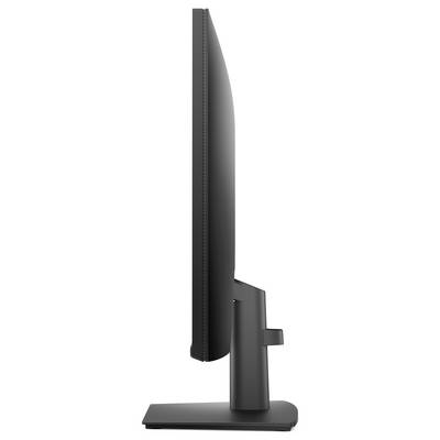 Vue latérale d'un moniteur informatique à écran plat moderne avec un cadre noir fin et un support réglable sur une base plate.