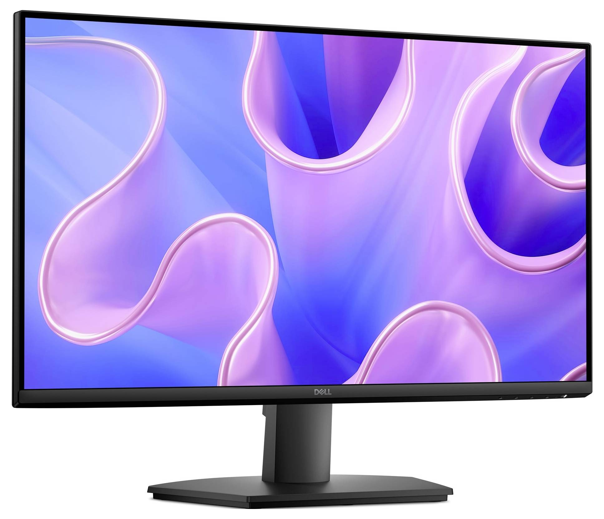 Un écran d'ordinateur Dell noir affichant un économiseur d'écran vibrant avec des formes abstraites roses et bleues sur un fond lisse.