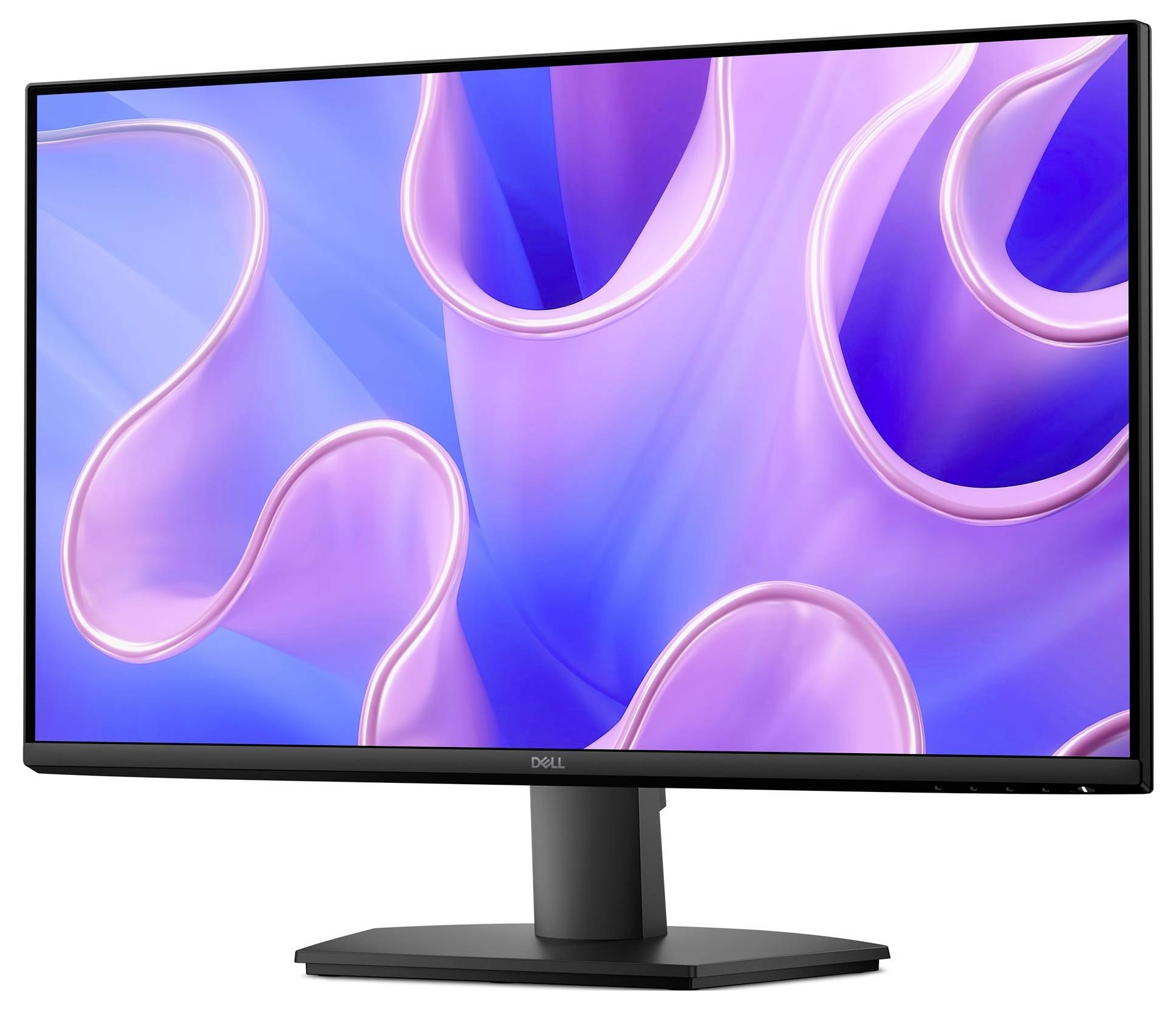 Un moniteur d'ordinateur affichant un économiseur d'écran abstrait avec des motifs tourbillonnants rose et bleu, doté d'un pied noir et de cadres minces.