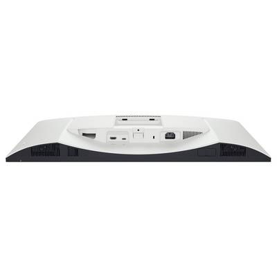 Vue arrière d'un moniteur d'ordinateur, montrant divers ports et connecteurs, y compris HDMI, USB et entrées d'alimentation.