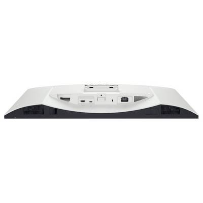 Vue arrière d'un écran d'ordinateur avec différents ports incluant HDMI, VGA et entrée d'alimentation, montrant des fentes de ventilation de chaque côté.