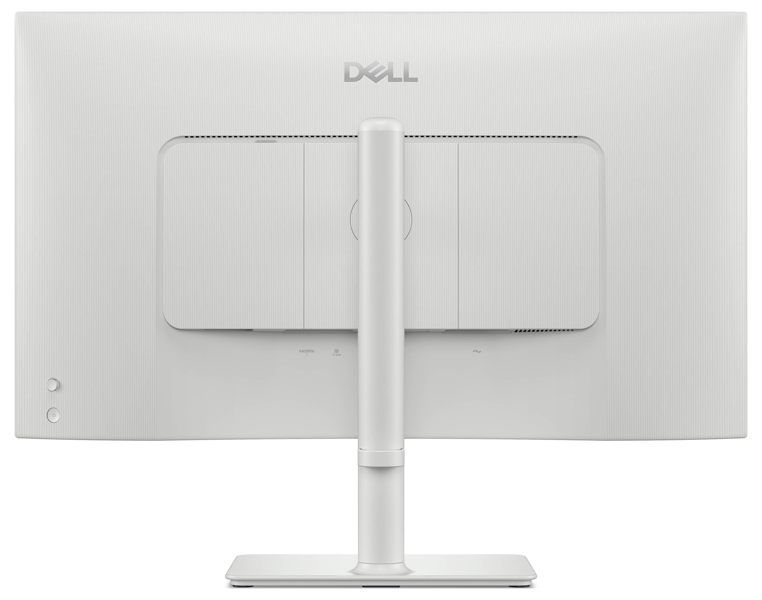Vue arrière d'un moniteur Dell avec un support ajustable, montrant les ports et les caractéristiques de gestion des câbles sur un design blanc.