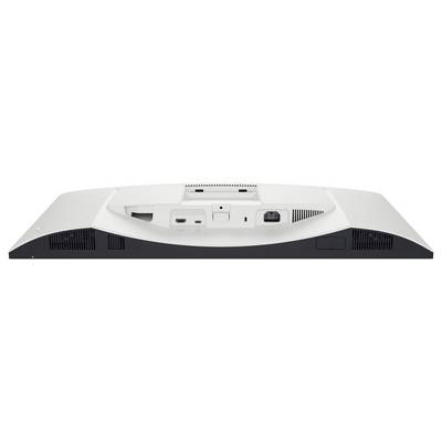 Vue arrière d'un moniteur d'ordinateur blanc montrant divers ports et grilles de ventilation.