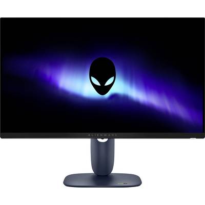 'Moniteur Alienware affichant un écran noir avec un logo de tête d'alien stylisé et luminescent au centre sur un fond bleu et violet.'