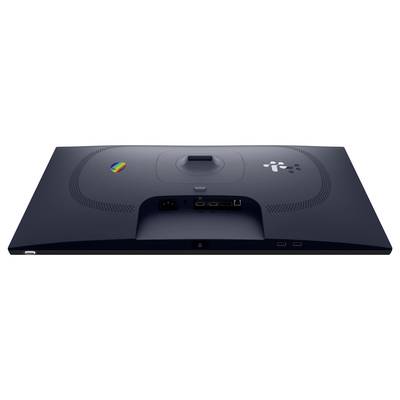 Vue arrière d'un moniteur à écran plat avec divers ports dont HDMI, USB et connecteur d'alimentation. Deux logos sont visibles dans les coins supérieurs.