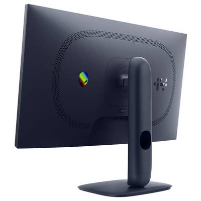 L'image montre l'arrière d'un moniteur d'ordinateur moderne et élégant avec un logo alien coloré dessus, présentant un support mince et courbé.