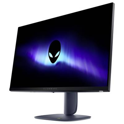Un élégant moniteur informatique Alienware au design futuriste, affichant un logo de tête d'alien emblématique sur un écran aux dégradés bleu et violet éclatants.