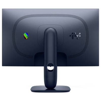 Un moniteur noir vu de l'arrière, présentant un support courbe unique et deux logos : une tête d'alien et la lettre « N » stylisée.