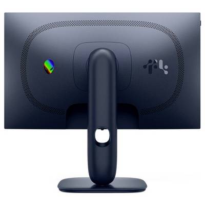 Un moniteur sombre vu de l'arrière, présentant un support central, un logo et un logo coloré sur le côté gauche.