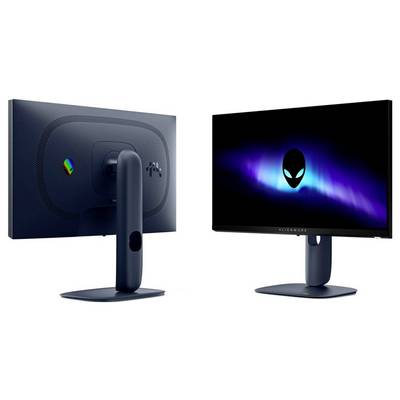 Deux vues d'un écran d'ordinateur. L'avant montre un écran avec une lueur bleue et violette et un logo extraterrestre. L'arrière a une finition texturée et un logo luminescent.