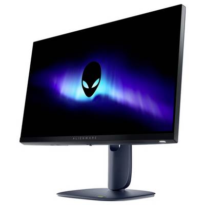 « Moniteur Alienware affichant une image avec un logo alien luminescent sur un fond dégradé bleu et violet. »