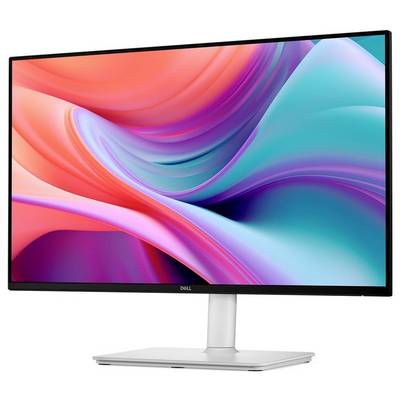 Un moniteur élégant affichant une image abstraite vibrante avec des couleurs rose, rouge et bleu tourbillonnantes, posé sur un support blanc minimaliste et moderne.