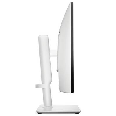Une vue latérale d'un élégant moniteur informatique moderne avec un très fin cadre sur un support solide et réglable.