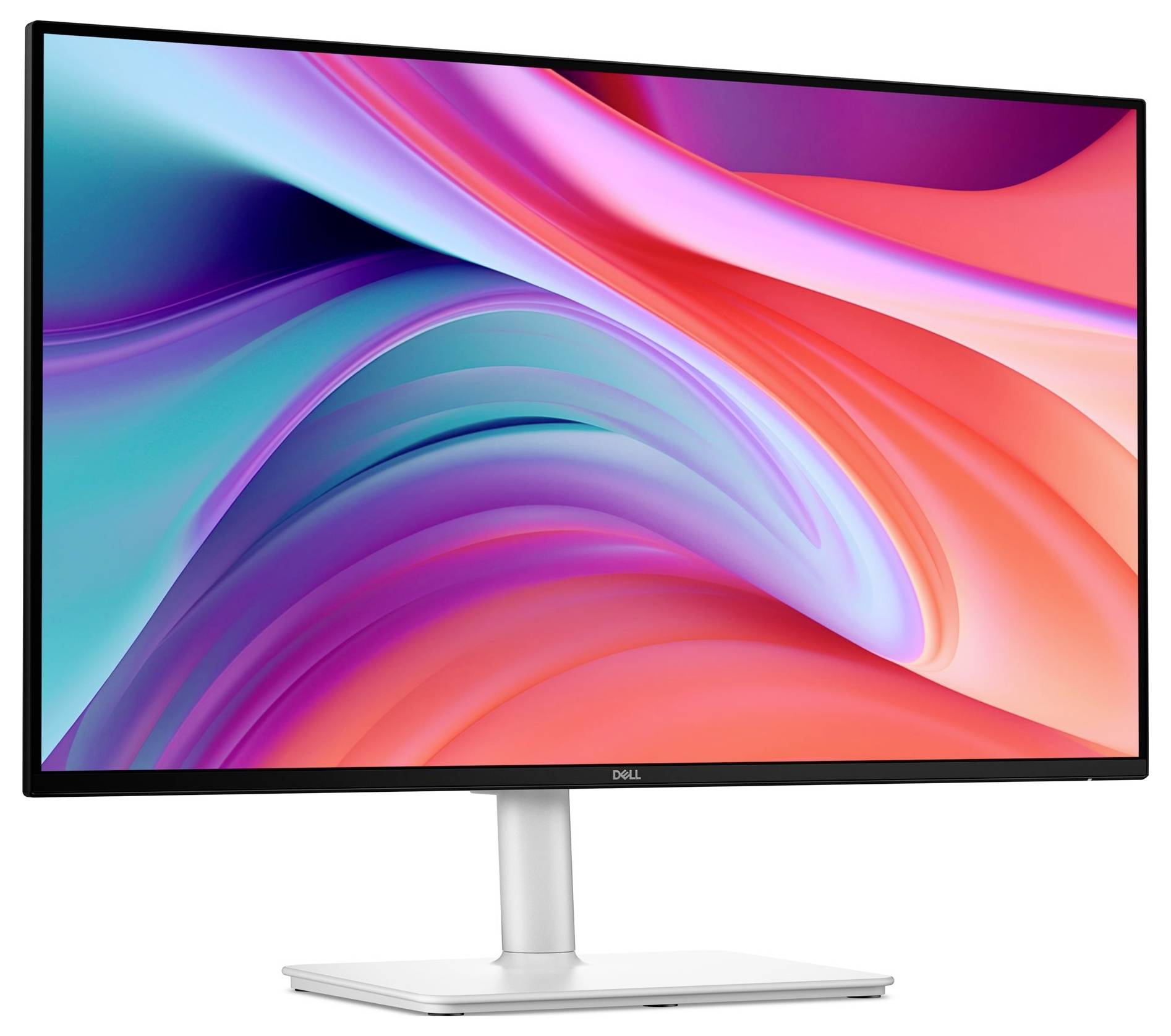 Un élégant moniteur Dell affichant des couleurs abstraites éclatantes, incluant le rose, le bleu et le rouge, sur un écran à fine bordure et un socle minimaliste.