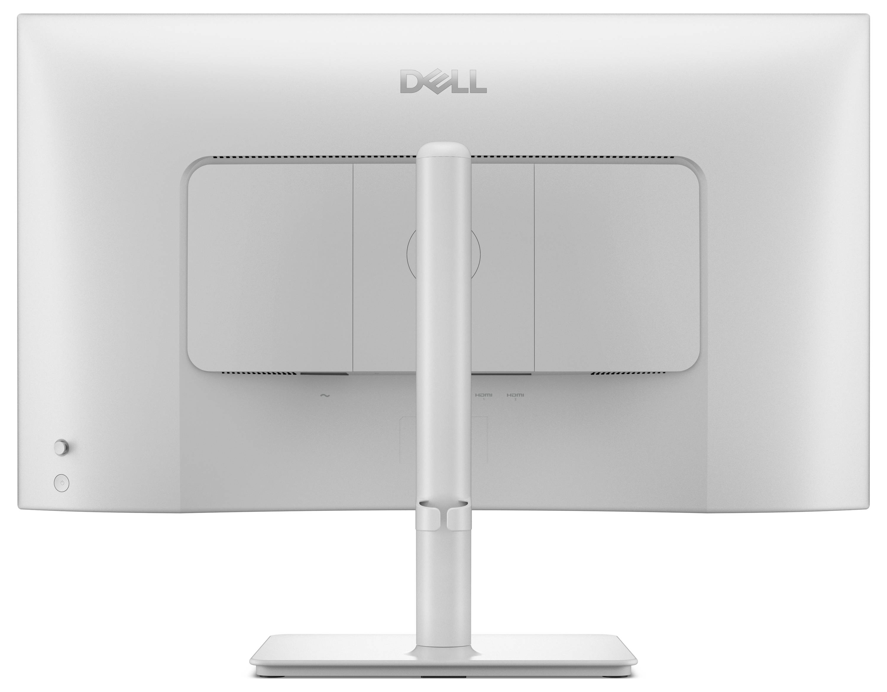« Vue arrière d'un moniteur Dell au design épuré blanc, support réglable et deux panneaux arrière pour la gestion des câbles. »