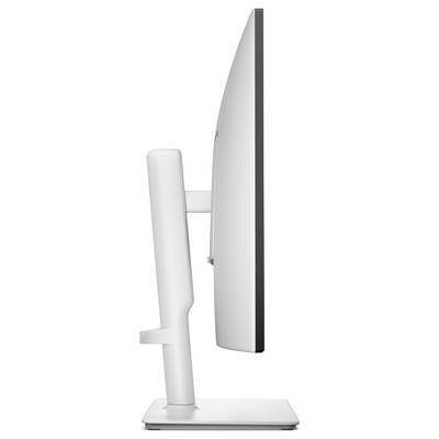 Vue latérale d'un écran d'ordinateur moderne et fin avec un support blanc minimaliste sur une base plate, mettant en évidence son profil fin et son design épuré.