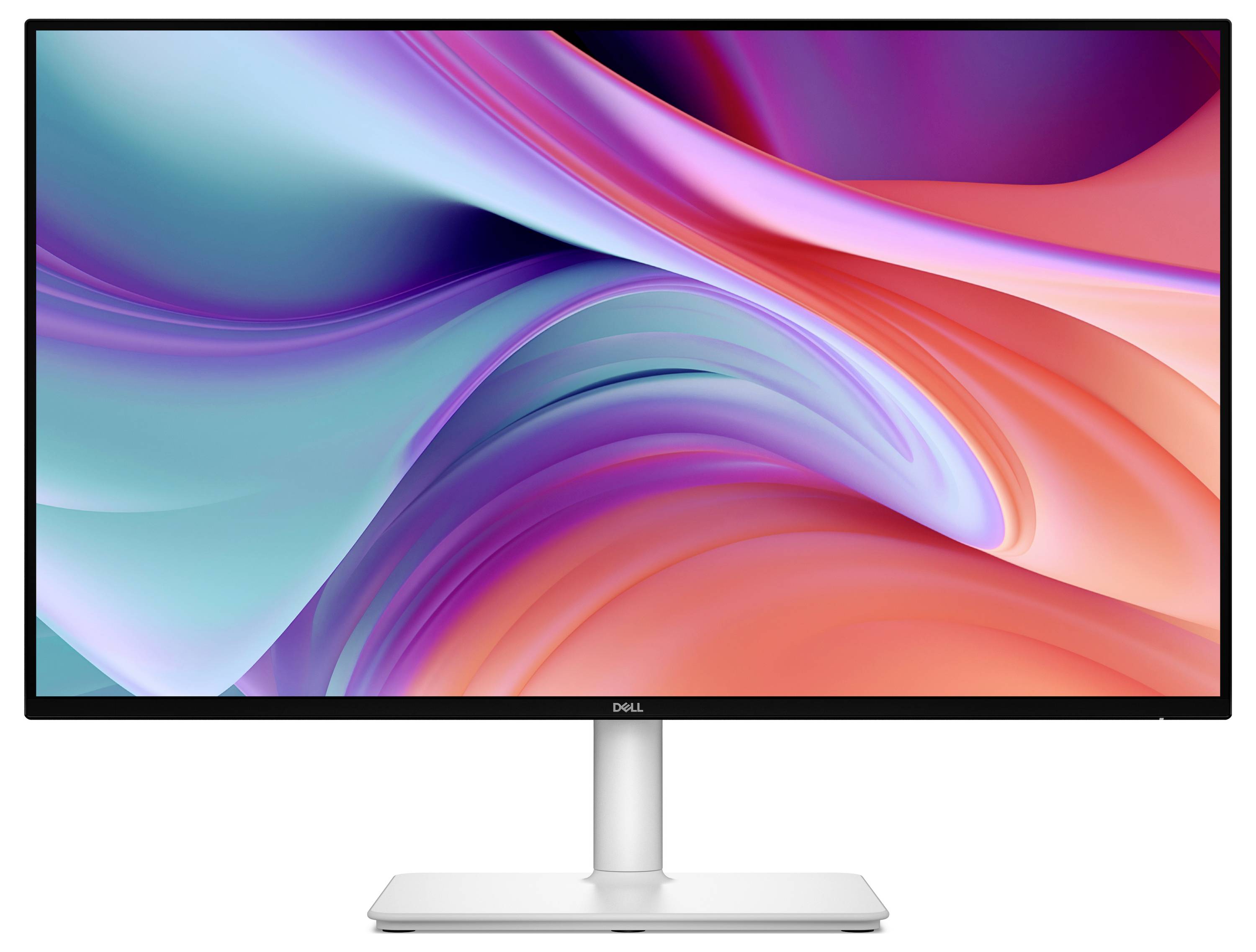 Un moniteur d'ordinateur moderne affichant un tourbillon vibrant de couleurs rose, bleu et orange. Le moniteur a une bordure fine et un support robuste.