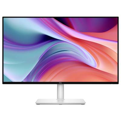 Un moniteur d'ordinateur moderne affichant un tourbillon vibrant de couleurs rose, bleu et orange. Le moniteur a une bordure fine et un support robuste.