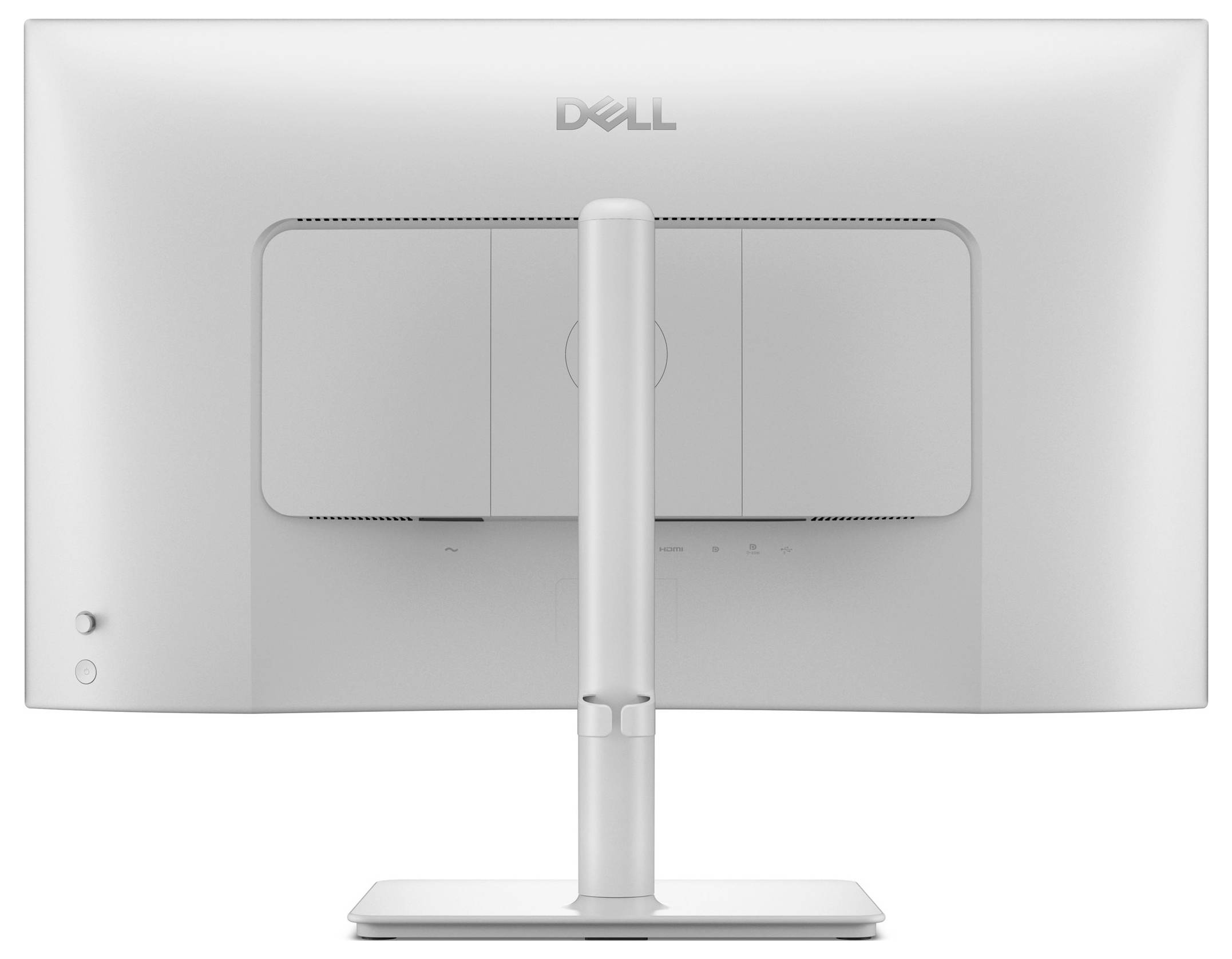 Vue arrière d'un moniteur incurvé avec des logos de marque et divers ports, y compris HDMI et USB, situés le long du bas.
