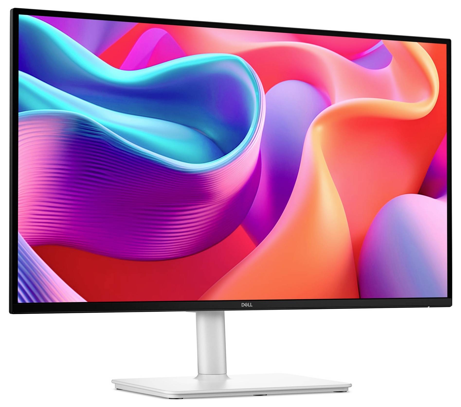 Un moniteur Dell affiche une image abstraite vibrante avec des motifs ondulés colorés dans les teintes de rose, bleu, rouge et orange.