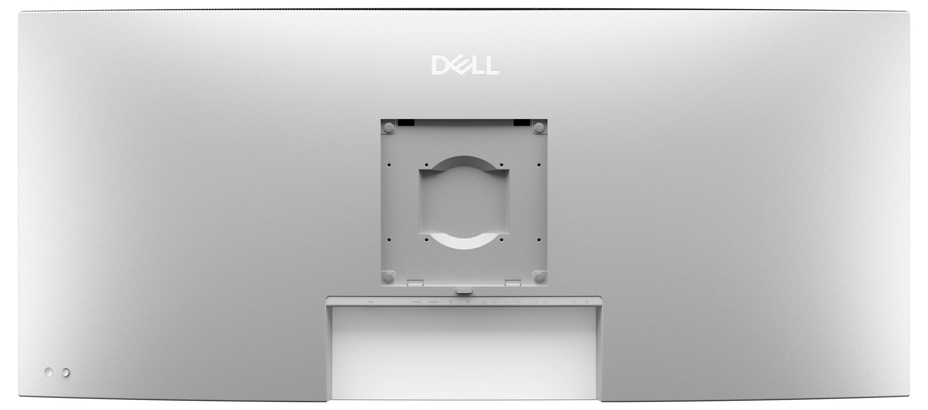 Vue arrière d'un moniteur Dell argenté sans son socle, montrant un support VESA pour fixer des socles alternatifs ou des supports muraux.