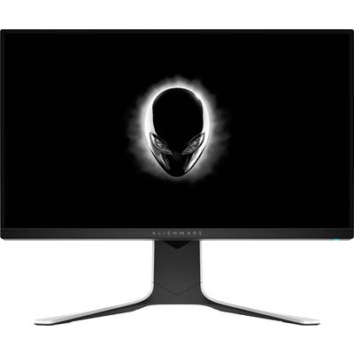 Moniteur Alienware avec un logo alien illuminé au centre de l'écran, reposant sur un support épuré et anguleux.