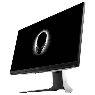 Une vue de côté d'un moniteur affichant un visage d'extraterrestre luminescent sur l'écran, placé sur un support stylisé avec le nom de la marque en bas.
