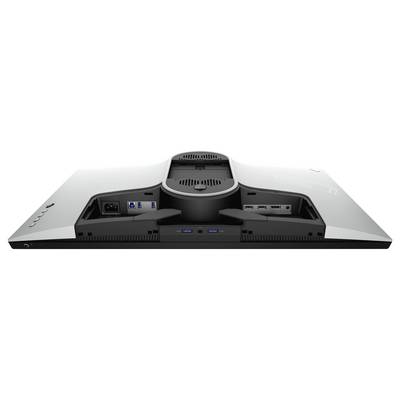 Vue arrière d'un écran d'ordinateur montrant divers ports, notamment l'entrée d'alimentation, les ports USB et HDMI, conçus pour la connectivité et la gestion des câbles.