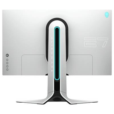 Vue arrière d'un moniteur Alienware blanc avec une bande lumineuse LED verticale et une marque visible.