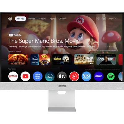 Affiche « The Super Mario Bros. Movie » sur l'écran d'une smart TV avec des icônes d'applications de streaming en dessous, incluant Netflix et Prime Video.