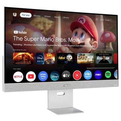Un écran d'ordinateur affichant une interface de TV intelligente avec « The Super Mario Bros. Movie » en vedette, et diverses applications de streaming ci-dessous comme Netflix et YouTube.