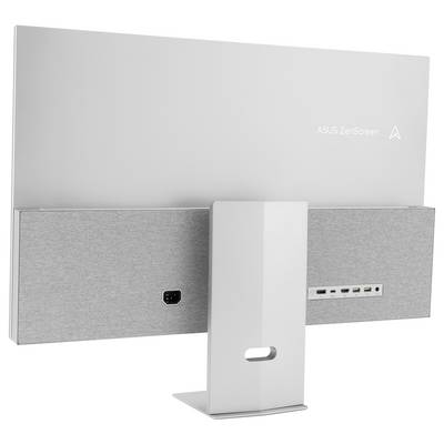L'image montre la vue arrière d'un moniteur ASUS ZenScreen avec son support, révélant les ports et un panneau texturé.