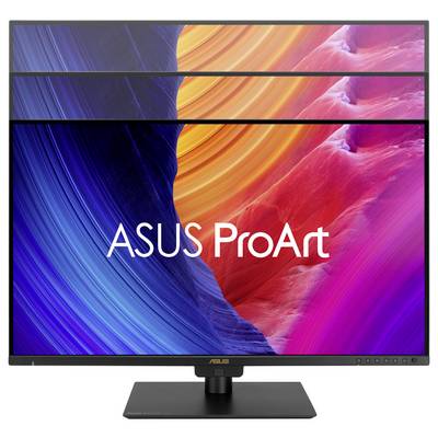 Moniteur ASUS ProArt affichant un arrière-plan abstrait vibrant avec des couleurs tourbillonnantes en teintes de bleu, jaune et rose.