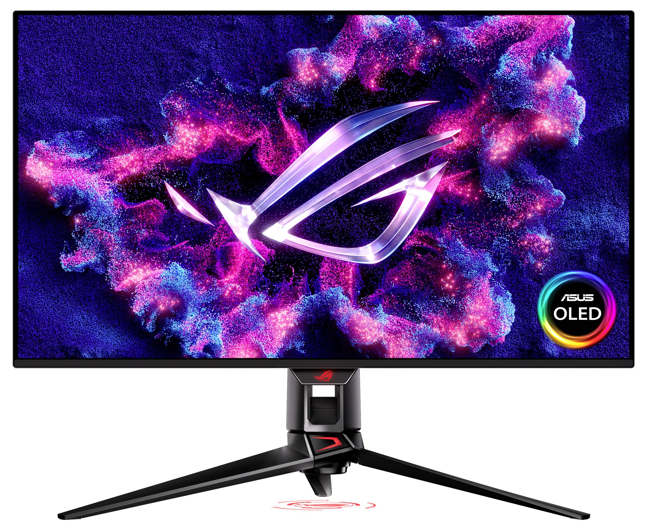 Un moniteur de jeu affichant des graphiques néon éclatants avec un logo au centre et la marque « ASUS OLED » sur le côté, sur un support futuriste.