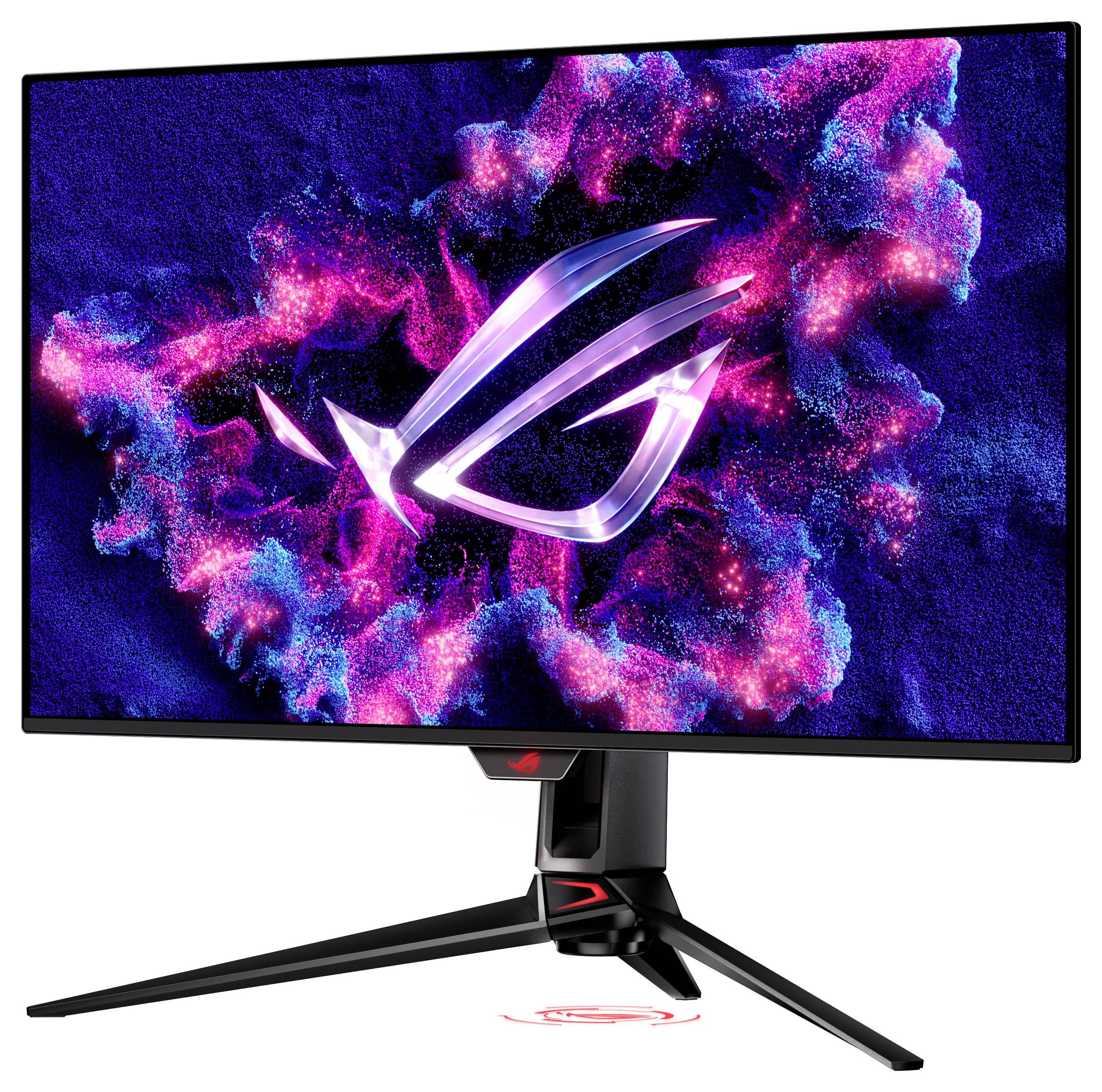 Un moniteur de jeu avec un support affichant un logo éclatant sur l'écran, présentant des graphiques colorés et un design épuré et moderne adapté aux joueurs.