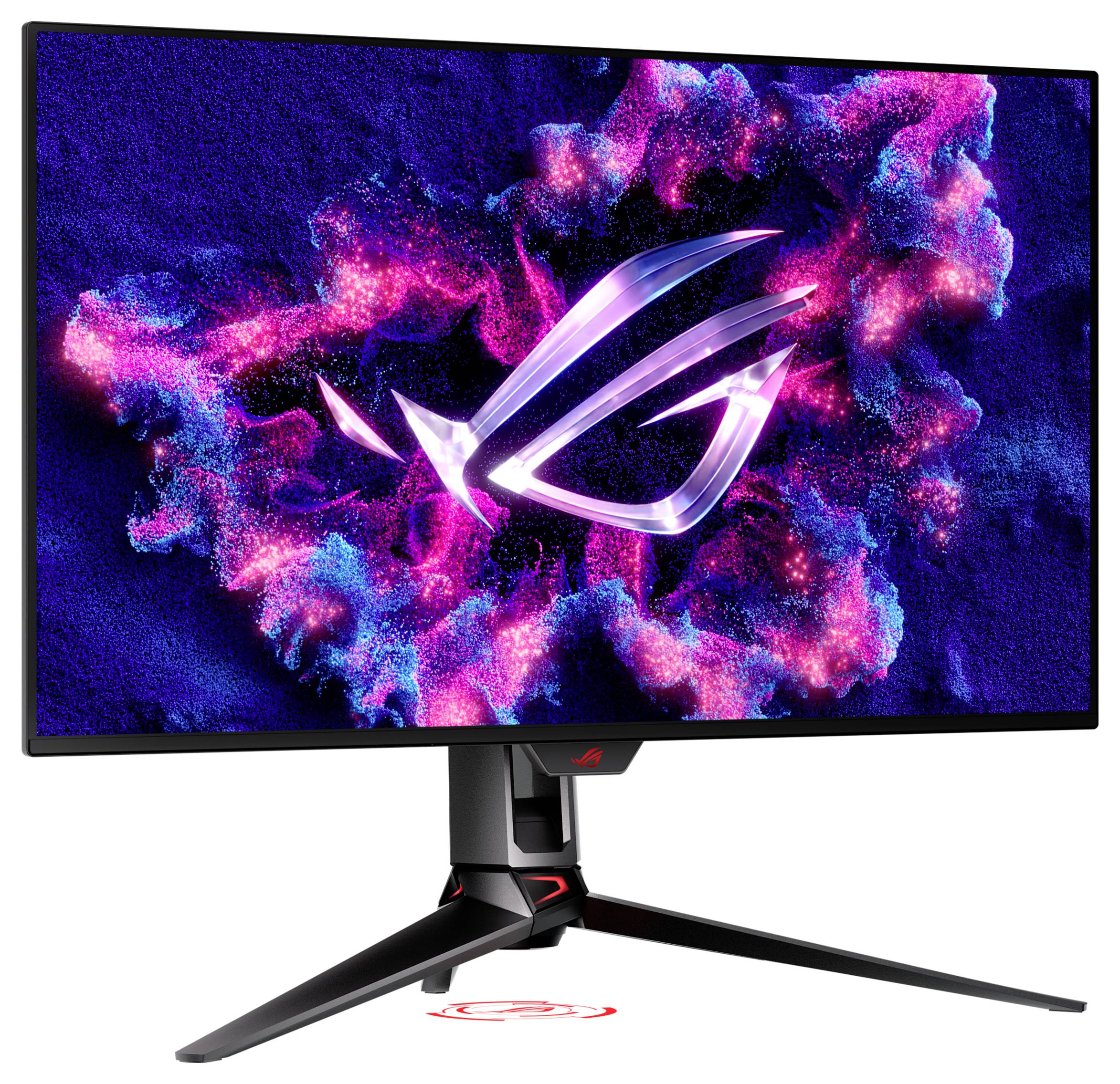 Un moniteur de jeu affichant le logo ASUS ROG avec des motifs de nuages dynamiques rose vif et bleu, monté sur un support noir et élégant.