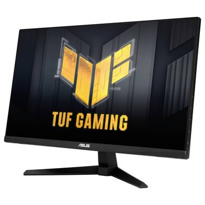 Moniteur de jeu Asus TUF Gaming avec un support, affichant un écran présentant le logo TUF Gaming sur un fond abstrait sombre.