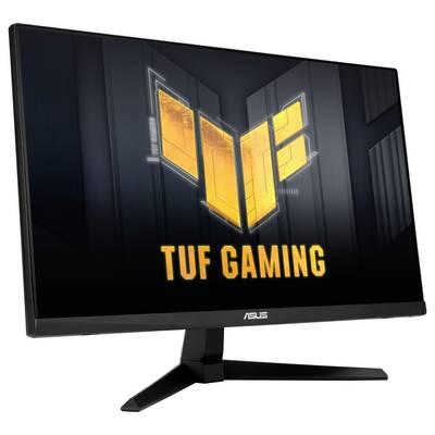 Logo 'Moniteur Gamer ASUS TUF' affiché à l'écran, présentant un design épuré avec un support robuste, mettant l'accent sur l'orientation gaming.