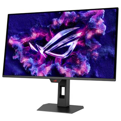 Un moniteur de jeu affiche un logo ROG vibrant avec un arrière-plan cosmique violet et bleu, présentant des graphiques haute définition et des couleurs éclatantes.