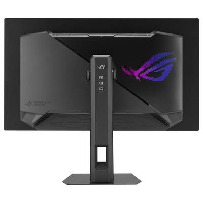 Un moniteur de jeu vu de l'arrière, avec un logo Republic of Gamers illuminé en rouge, rose et bleu dans le coin supérieur droit.