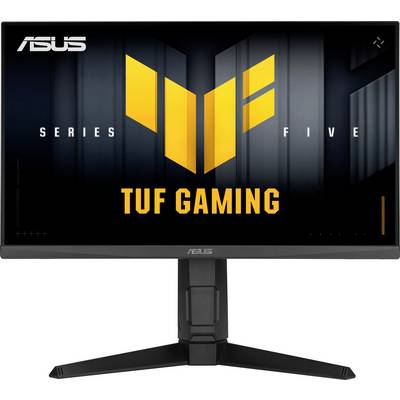 Moniteur de la série « ASUS TUF Gaming Series Five » avec un support, affichant un emblème jaune stylisé et du texte sur un fond sombre.